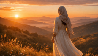 Woman wearing a headscarf and long dress stands on a grassy hill watching a sunset over layered mountain ranges.