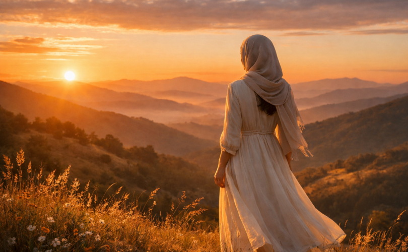 Woman wearing a headscarf and long dress stands on a grassy hill watching a sunset over layered mountain ranges.